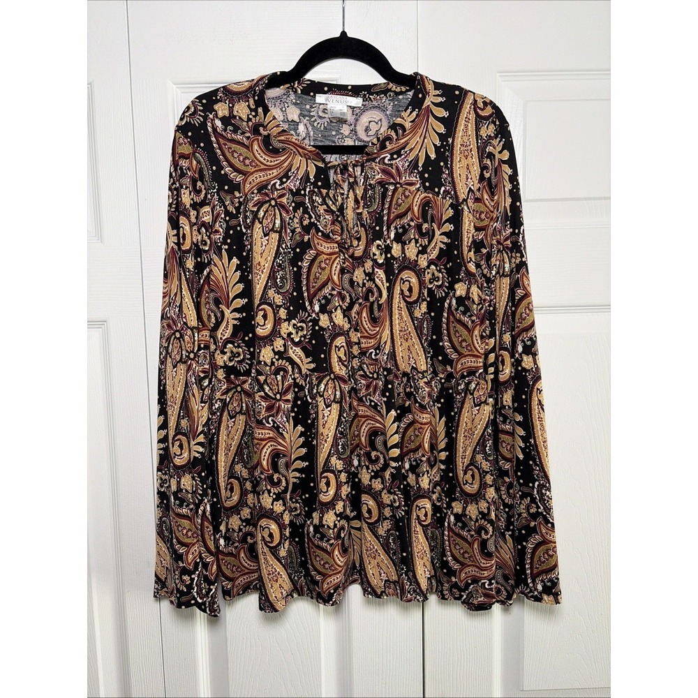 Venus Lascana Paisley Babydoll Top Womens Size XL Black Bell Sleeve Boho Viscose